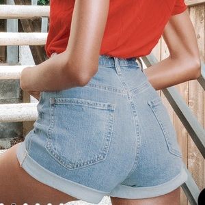 DAZE Denim Dad's Girl Light Wash Distressed Denim High Rise Cuffed Shorts